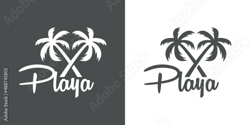 Beach holidays. Destino de vacaciones. Banner con texto Playa en español con silueta de 2 palmeras con forma de aspa en fondo gris y fondo blanco