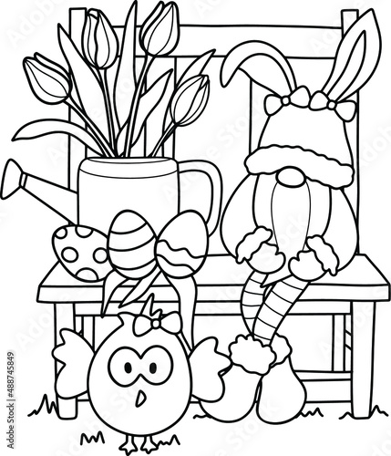 Photography Gnome with bunny ears sitting next to a watering can, easter eggs, little chicke