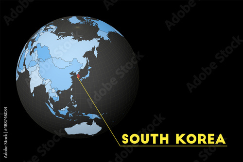South Korea on dark globe with blue world map. Red country highlighted. Satellite world view centered to South Korea with country name. Vector Illustration.