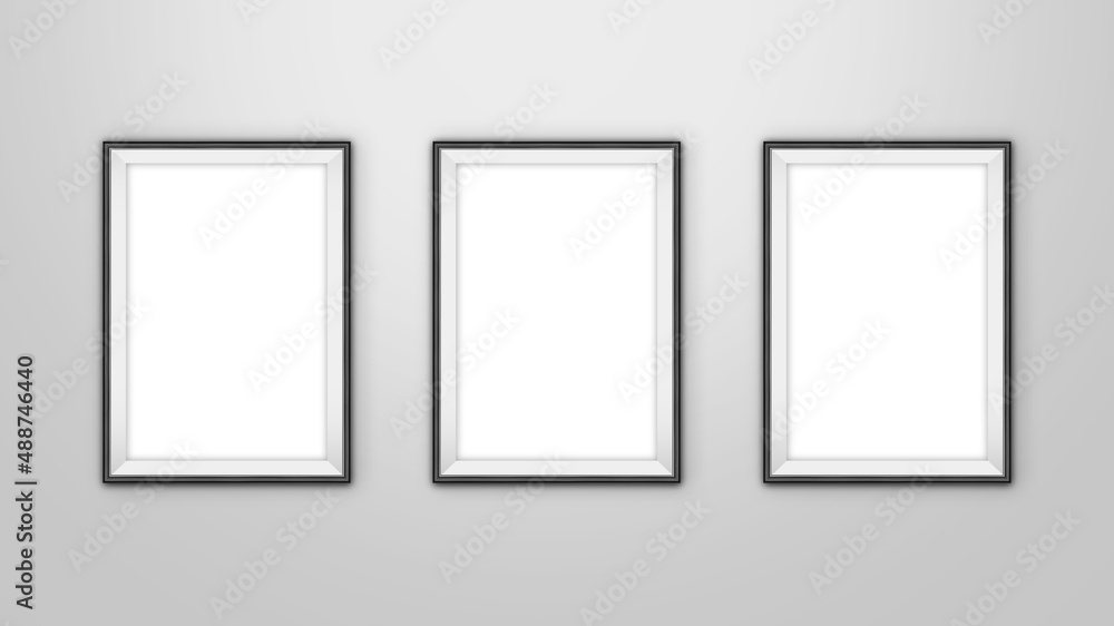 Gallery interior with three empty frames for pictures on wall Gallery interior with three empty frames for pictures on wall