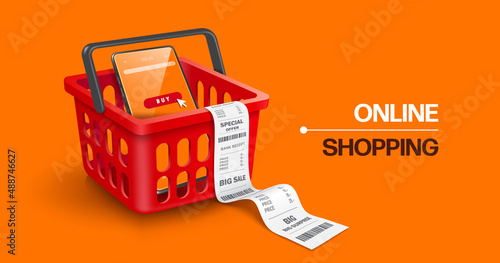 Smartphone with purchase icon on screen Place in red shopping cart with unfolded receipt paper and draped over edge of shopping cart for online shopping concept,vector 3d isolated on orange backgroud