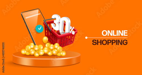 30% off text put in a red shopping cart that floats in front of smartphone and yellow balloons are placed around it. And it's all on a round podium,vector 3d on orange background for online shopping