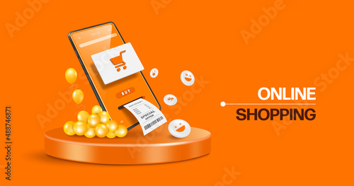 Shopping cart icon on smartphone screen and receipt paper flows from smartphone screen and all object are on the round podium,vector 3d isolated for delivery and online shopping
