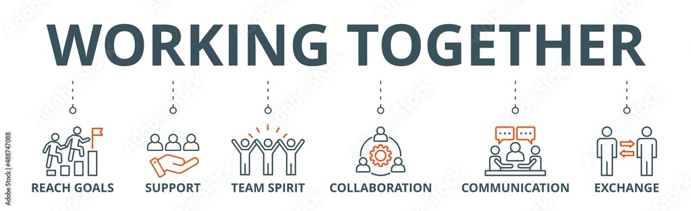Working together banner web icon vector illustration concept for team management with an icon of collaboration, reach goals, team spirit, support, communication, and exchange Working together banner web icon vector illustration concept for team management with an icon of collaboration, reach goals, team spirit, support, communication, and exchange