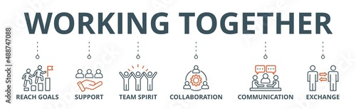 Working together banner web icon vector illustration concept for team management with an icon of collaboration, reach goals, team spirit, support, communication, and exchange