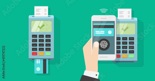 Nfc payment or pos terminal pay via credit bank card and mobile cellphone vector, cashless electronic contactless transaction in person man hand, cashier processing digital technology flat design