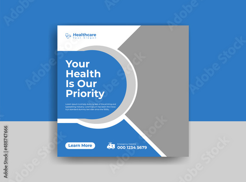 Medical social media post template. Modern banner design with blue color ribbon decoration and place for the photo. Suitable for social media, websites, flyers, and banners.