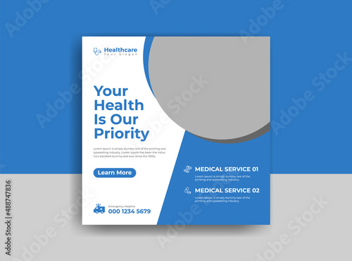 Medical social media post template. Modern banner design with blue color ribbon decoration and place for the photo. Suitable for social media, websites, flyers, and banners.