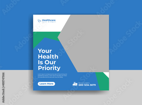 Medical social media post template. Modern banner design with blue color ribbon decoration and place for the photo. Suitable for social media, websites, flyers, and banners.