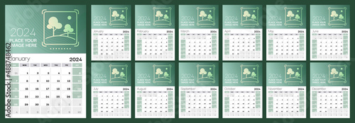 Set of 12 vertical calendar pages for 2024 in green shades with place for photo. Vector design template. Week starts on Sunday.
