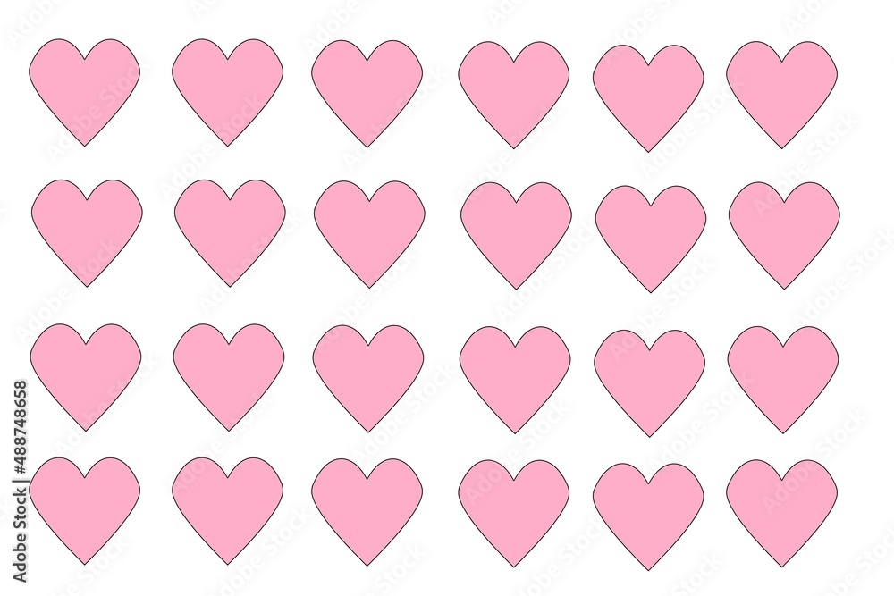 Set of pink hearts in rows on white background