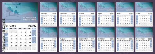 Set of 12 vertical calendar pages for 2025 in blue shades with place for photo. Vector design template. Week starts on Sunday.