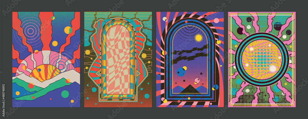 Psychedelic Abstract Background Set, Vector Templates for Psychedelic Posters, Covers, Illustrations  - obrazy, fototapety, plakaty 