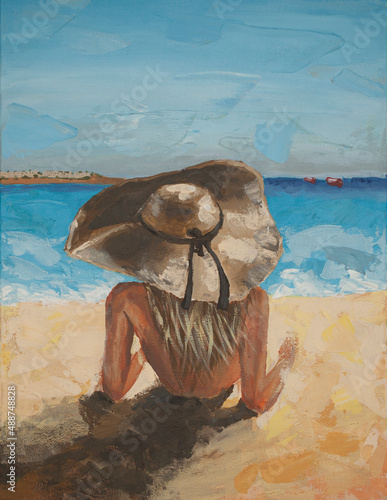 Girl in a hat on the beach. Blonde in a hat, oil painting. Rear view girl sunbathing on yellow sand by the blue sea. A gorgeous woman lies on the beach and watches the ships in the sea.