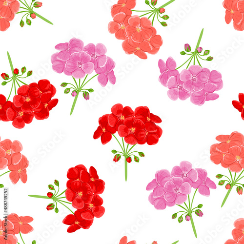 Fototapeta Naklejka Na Ścianę i Meble -  Floral background. Seamless pattern with red and pink geranium flowers on white. Vector cartoon botanical illustration.