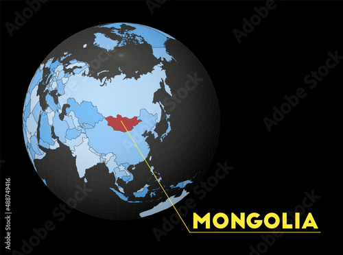 Mongolia on a dark globe with a blue world map. Red country highlighted. Satellite world view centered to Mongolia with country name. Vector Illustration.