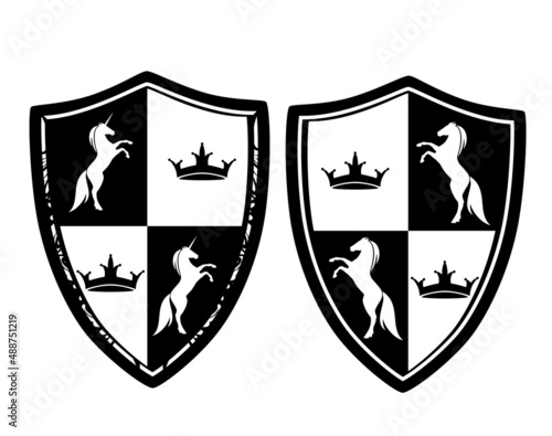 medieval style escutcheon  with rearing up horses and unicorns in quarters and crown charges -  rampant animals with heraldic shield black and white vector design