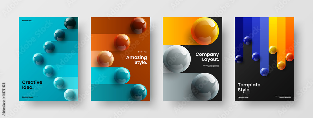 Vivid leaflet A4 design vector concept bundle. Minimalistic realistic spheres catalog cover illustration collection.