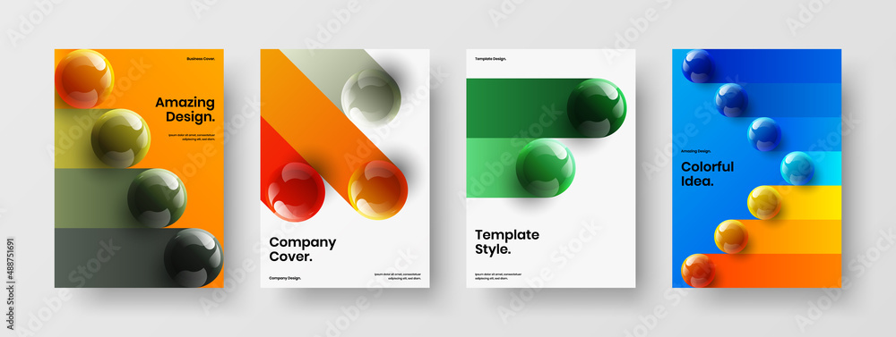 Unique realistic balls banner concept set. Amazing catalog cover A4 design vector layout composition.