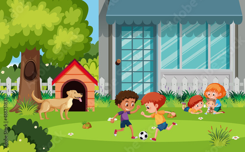 Playground outdoor scene with children playing soccer