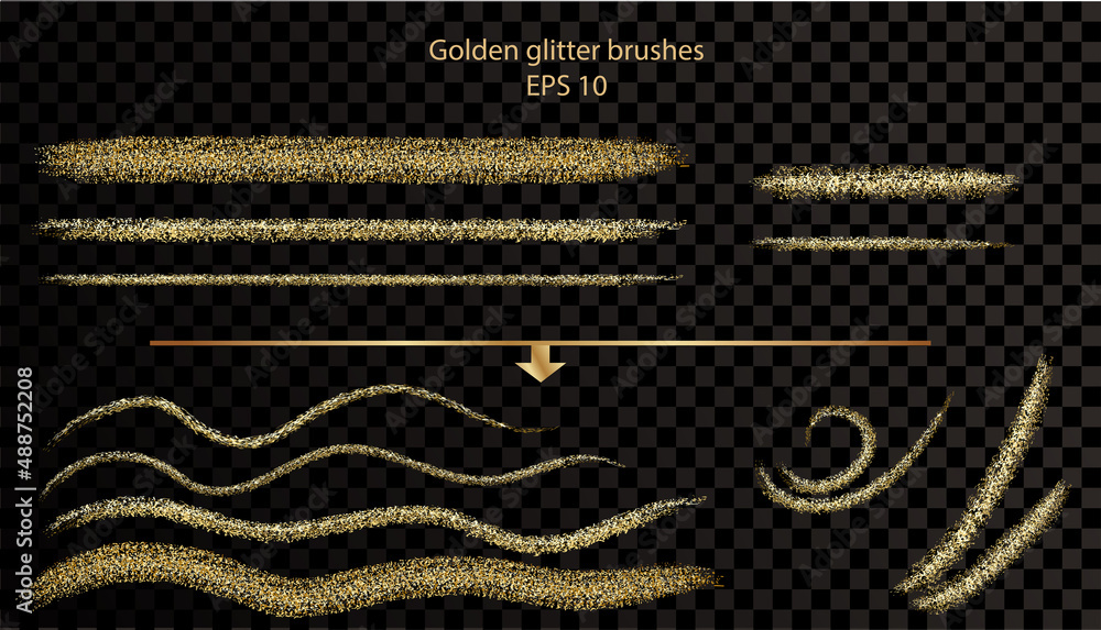 Gold glitter brushes stroke collection on dark background. Isolated ...