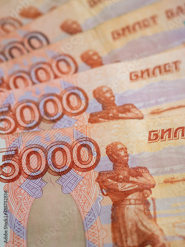 Russian money background. Russian roubles, russian rubles cash closeup. Rubles in cash. Finance and business background. 5000 rubles. Money macro. 