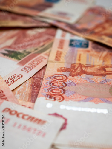Russian money background. Russian roubles, russian rubles cash closeup. Rubles in cash. Finance and business background. 5000 rubles. Money macro. 