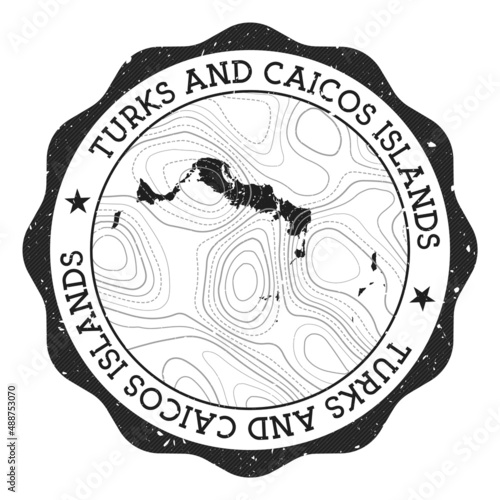 Turks and Caicos Islands outdoor stamp. Round sticker with a map of the island featuring topographic isolines. Vector illustration.
