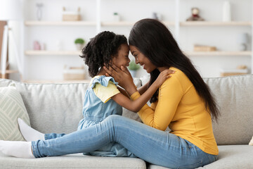 Mom And Child. Happy Black Mother And Little Daughter Bonding At Home