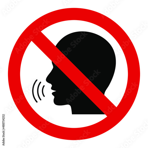 Stop talking vector sign on white background. Red prohibition sign on black talking head.