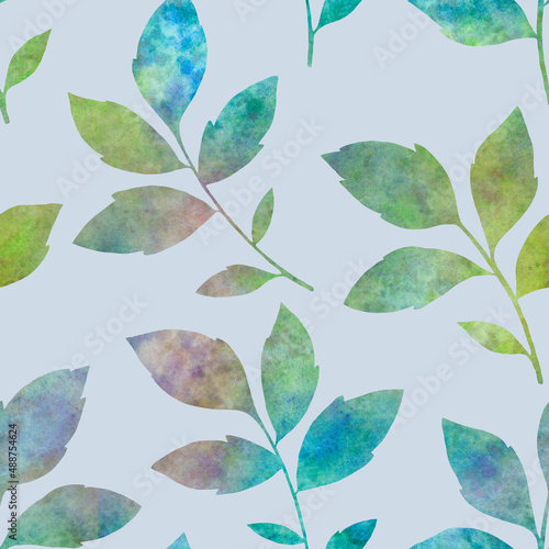 Prints of abstract branches with leaves repeating seamless pattern. Digital hand drawn picture with watercolor texture. Leaves seamless watercolor pattern. endless motif for textile decor and design