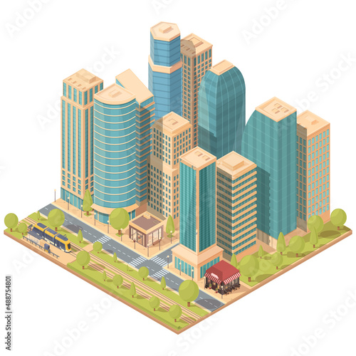 isometric city district with skyscrapers roads and tram, vector illustration