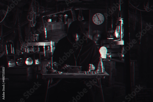 man in alchemist's costume in laboratory with jars by candlelight. Cosplay of computer game character with 3D glitch effect of virtual reality black and white