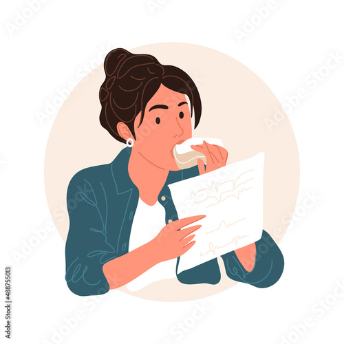 Business woman reads documents and bites a sandwich. Working hours and a quick snack. Flat illustration of working moment.