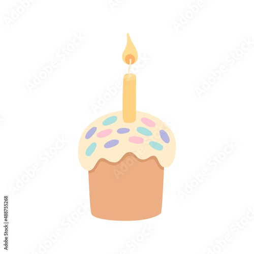 Delicious Easter cake decorated with icing and candle isolated on light background. Tasty dessert, confection or sweet pastry. Decorative design element in flat style. Vector illustration.