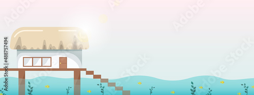 asian house bungalow water background fish summer sea ocean beach horizontal banner rest relax vacation seaweed algae 