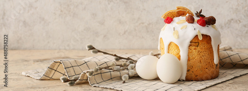 Photography Delicious Easter cake with eggs and pussy willow branches on grunge background w