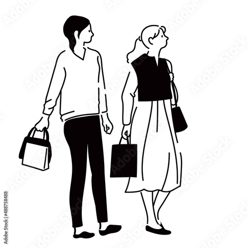 シンプルな線画の買い物をする友達