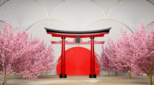 Canvas Print torii gates red with semicircle red and Cherry blossom on white background