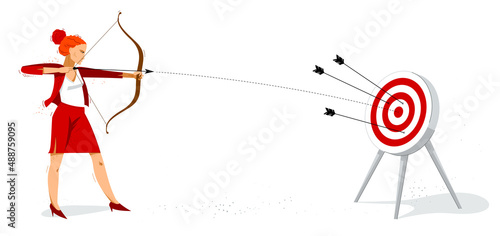 Business woman shooting a bow into a target vector illustration, ambitions career and goal concept, achievement businesswoman motivated for success.