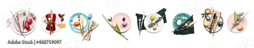 Photography Collection of stylish table settings for Easter celebration on white background