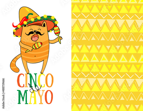 Cinco de Mayo logo design with lettering, and Mexican cat character wearing sombrero. Vector illustration EPS10