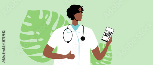 Doctor with QR code on phone screen and leaves isolated, flat vector stock illustration, concept fight against covid, virus, flu