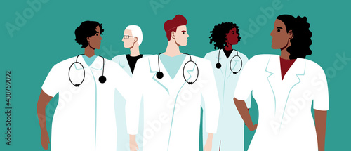 Doctors, interns or residents are together isolated, flat vector stock illustration with group of people in white coats as training profession photo
