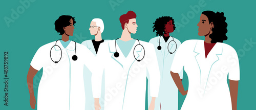 Doctors, interns or residents are together isolated, flat vector stock illustration with group of people in white coats as training profession