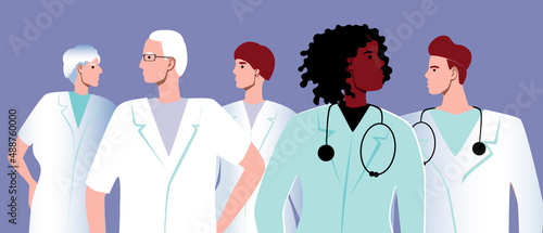 Group of doctors, medical students, nurses together are isolated, flat vector stock illustration with multicultural dentist, dentist or therapist in white coats with stetascope