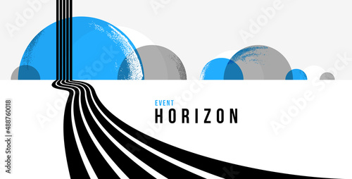 Linear composition vector road to horizon, abstract background with lines in 3D perspective, optical illusion op art, black and blue colors.