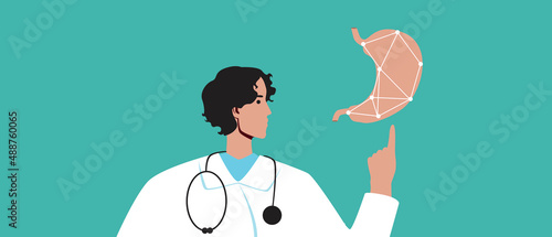 Gastroenterologist with stomach, flat vector stock illustration with modern technological gastro diagnostics