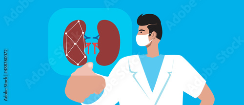 Urologist with kidneys, flat vector stock illusion with modern technological medical examination and diagnostics
