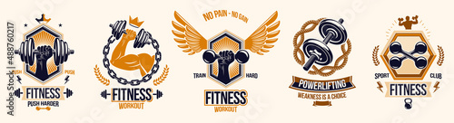 Fitness sport emblems logos or posters with barbells dumbbells kettlebells and muscle man silhouettes vector set, athletic workout active lifestyle theme, sport club or competition awards.